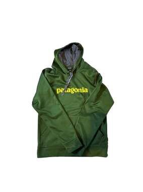 Patagonia Men's Text Logo PolyCycle Hoody Forest Green Yellow Size Small